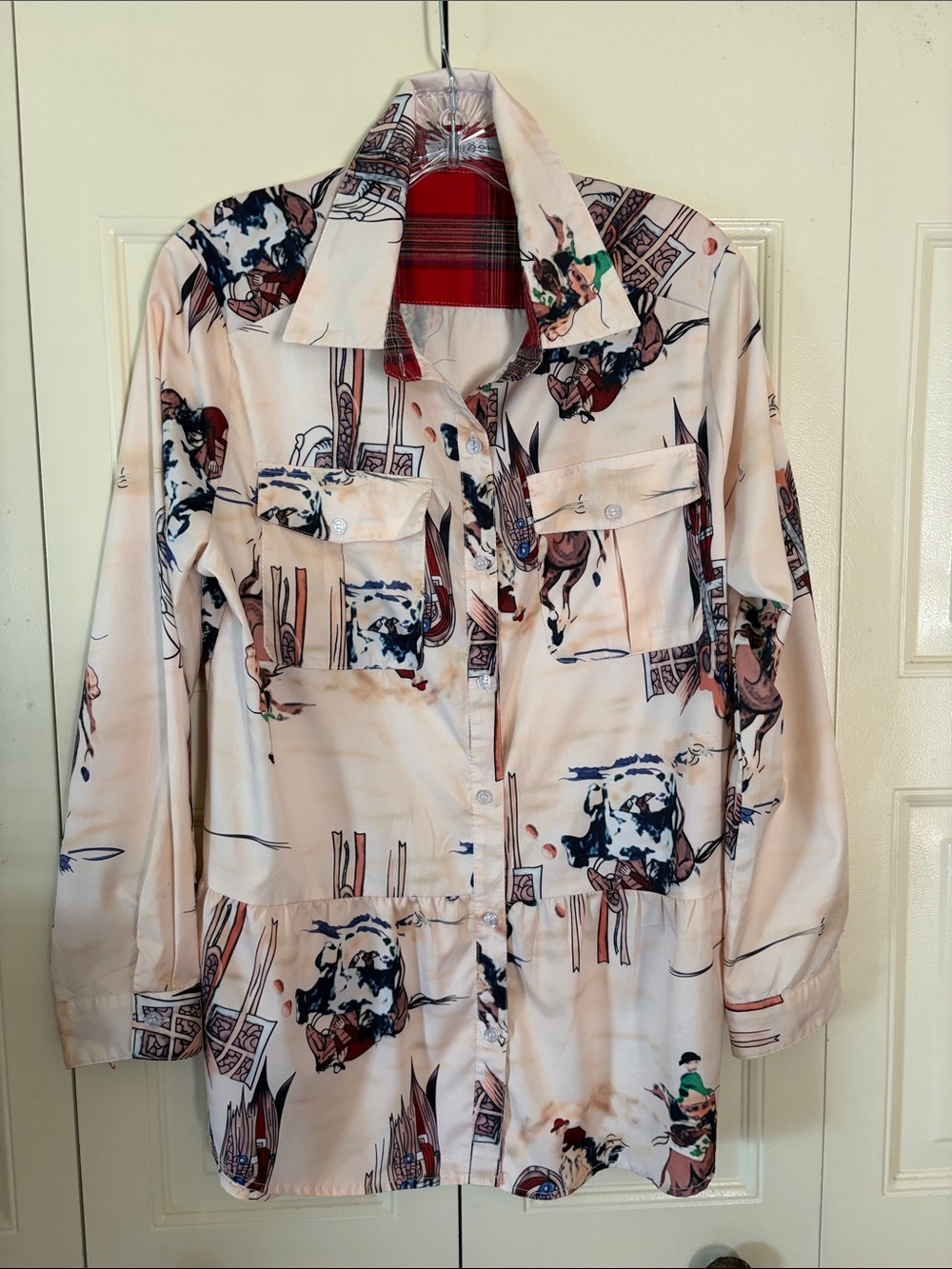 Misslook Cowgirl Western Rodeo Women’s Top Equestrian Plaid Peplum Retro Sz. LG